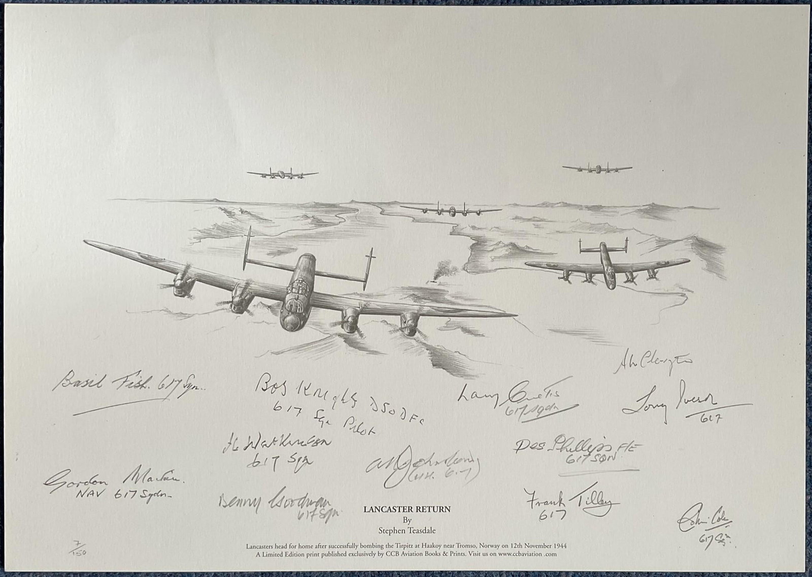 WW2 Black and White Print Lancaster Return by Stephen Teasdale Multi Signed by Basil Fish, Benny: WW2 Black and White Print Lancaster Return by Stephen Teasdale Multi Signed by Basil Fish, Benny Goodman, Bob Knights, Harry Watkinson, Larry Curtis, Des Phillips, Frank Tilley, Colin Cole, Tony Iveso