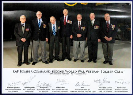 WWII, RAF Bomber Command Crew multi-signed photo card featuring signatures from W/O John Banfield,: WWII, RAF Bomber Command Crew multi-signed photo card featuring signatures from W/O John Banfield, W/O Arthur Smith, F/Lt Gordon Mellor, W/C John Bell, F/Lt George Dunn, W/O Harry Irons and W/O Dave F