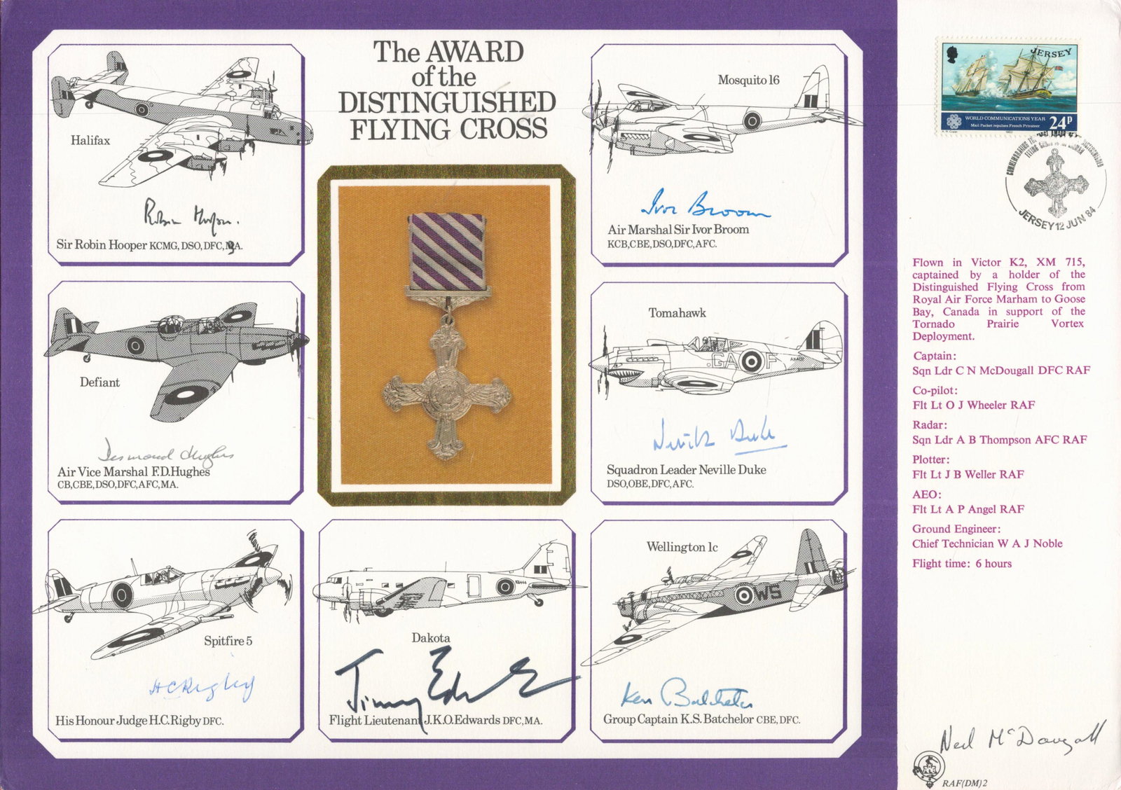 The award of the distinguished flying cross multi signed. Signed by Sir Ivor Broom, Neville Duke,: The award of the distinguished flying cross multi signed. Signed by Sir Ivor Broom, Neville Duke, K S Batchelor, J F O Edwards, H C Rigby, F D Hughes and Robin Hooper. Good condition. All autographs c