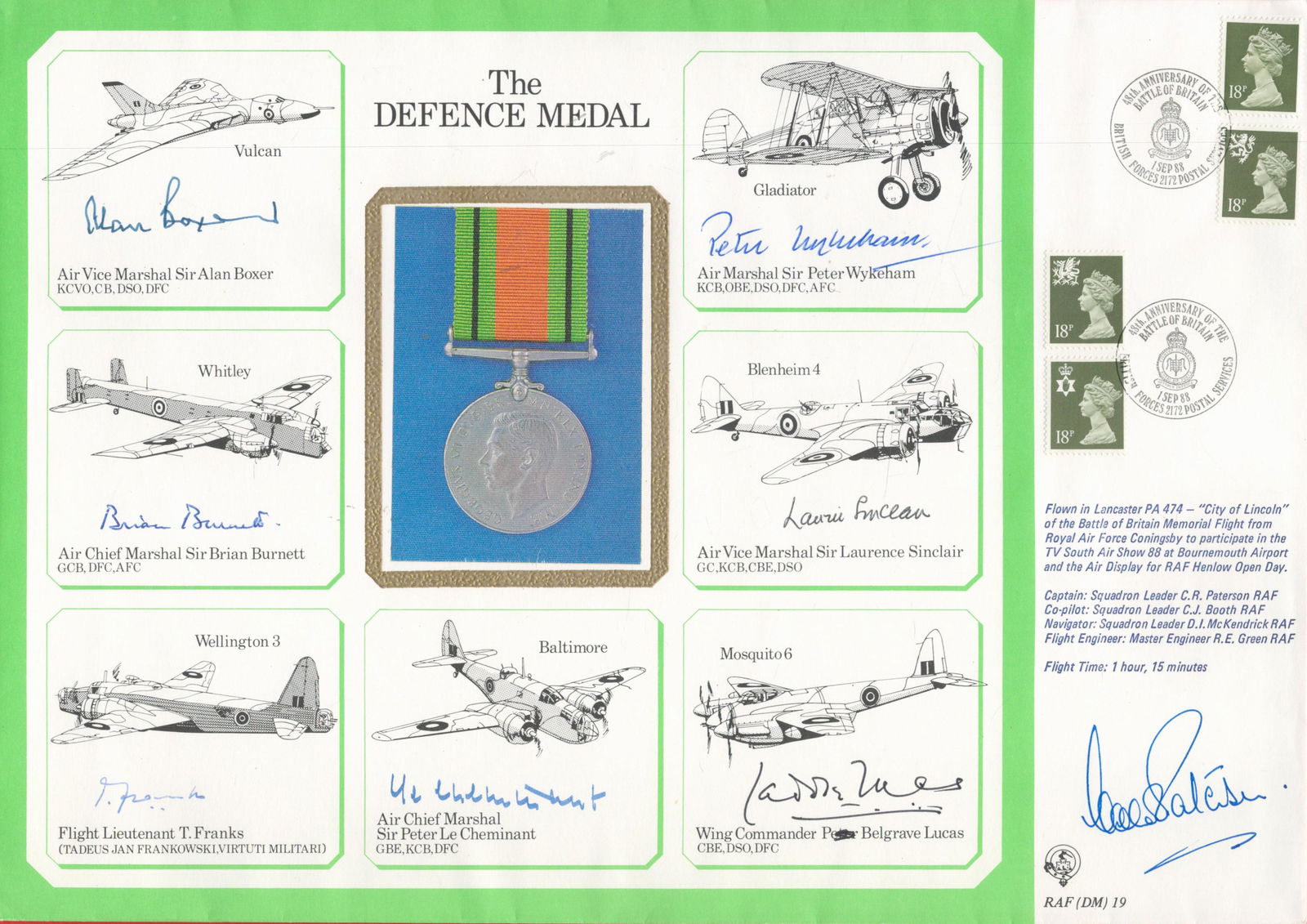 WW2 multisigned DM cover The Defence Medal signed by A. V. M Sir Alan Boxer, A. C. M Sir Brian (1 of 1)