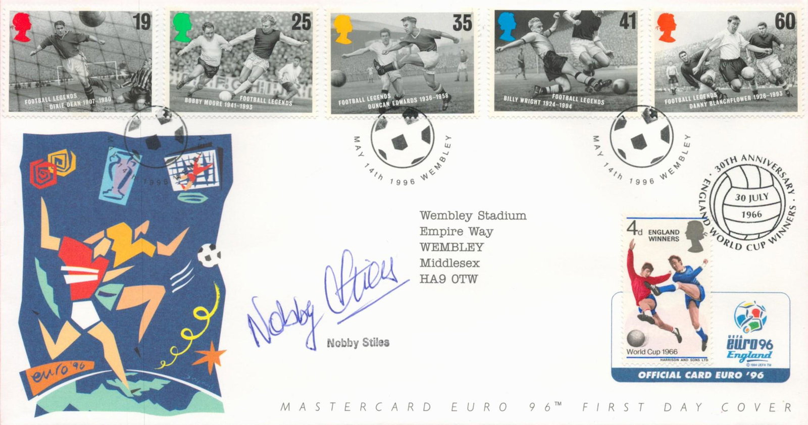 Football Nobby Stiles signed Euro 96 Mastercard commemorative FDC PM 30th Anniversary England (1 of 1)