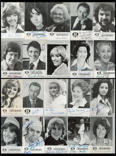 Crossroads collection of signed original promo cards. Signatures such as Paul Henry, Ronald Allen,: Crossroads collection of signed original promo cards. Signatures such as Paul Henry, Ronald Allen, Ann George, Angus Lennie, Jane Rossington, Roger Tonge, Susan Hanson, Tony Adams, David Lawton and mo
