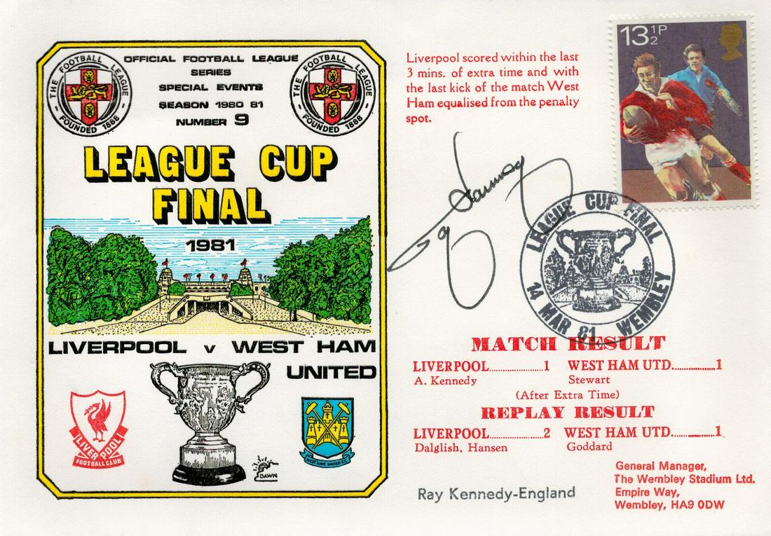 Football Ray Kennedy signed official Liverpool V West Ham United 1981 Dawn Official Football First: Football Ray Kennedy signed official Liverpool V West Ham United 1981 Dawn Official Football First Day Cover autographed By Ray Kennedy. Match details printed on the cover with special postmark. Good