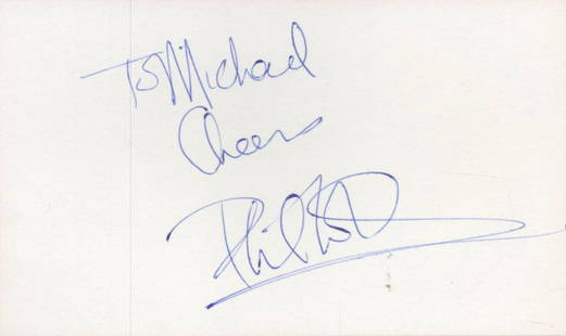 Music Phil Collins signed white card to Michael. Good condition. All autographs come with a: Music Phil Collins signed white card to Michael. Good condition. All autographs come with a Certificate of Authenticity. We combine postage on multiple winning lots and can ship worldwide. UK postage