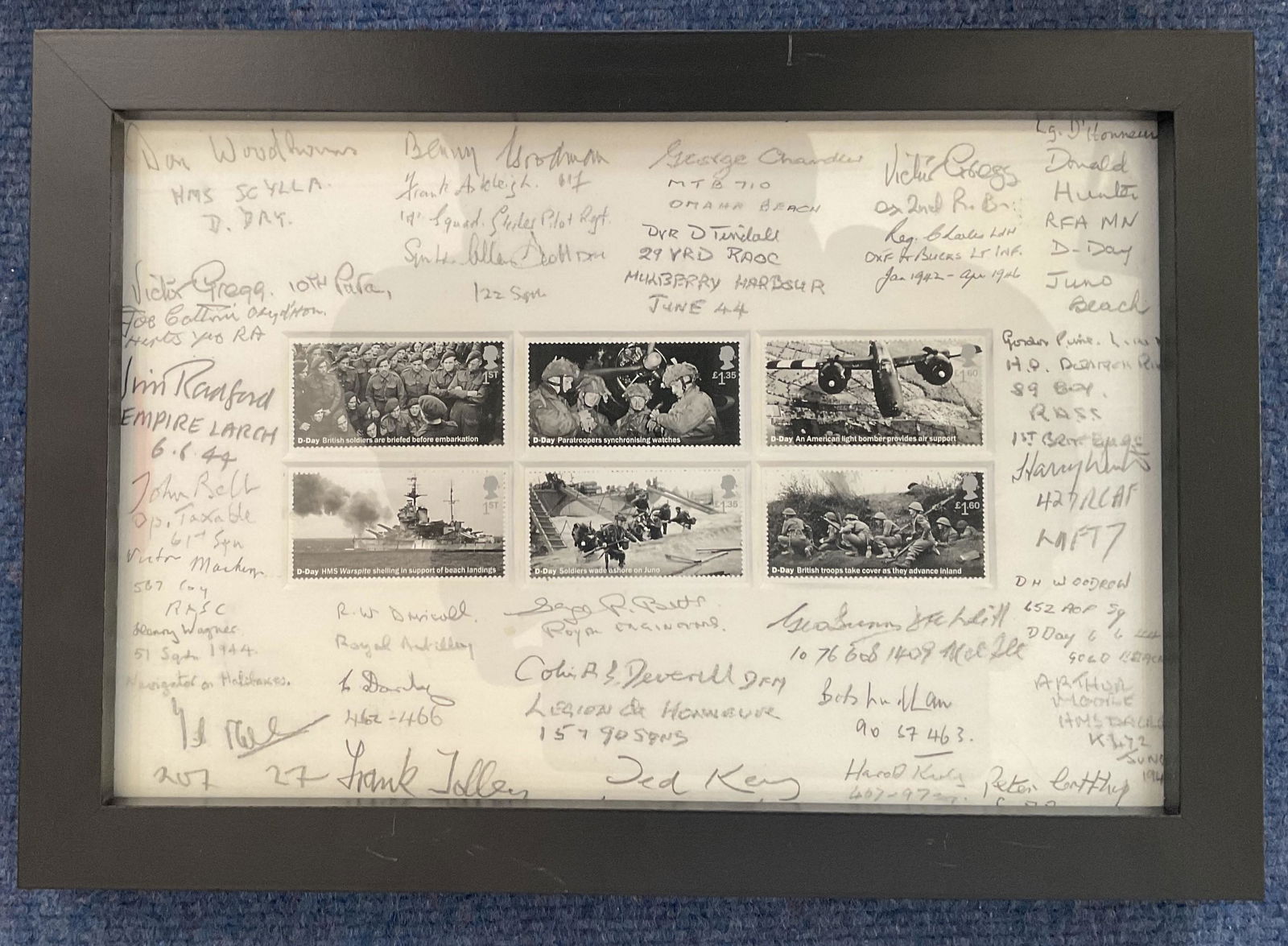 R.A.F. Multi-Signed set of 6 D-Day Commemorative Stamps Professionally Mounted and Framed approx (1 of 1)