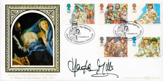 Hayley Mills signed nativity FDC with image commemorating the adoration of the Shepherds by Philippe: Hayley Mills signed nativity FDC with image commemorating the adoration of the Shepherds by Philippe de Champaigne 1602- 1674. This cover has 5 stamps and two post marks dating1st November 1994. This