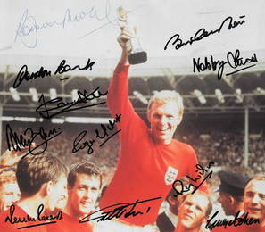 1966 World Cup complete team signed colour 8.5 x 7.5 photo celebrating at Wembley after the final.