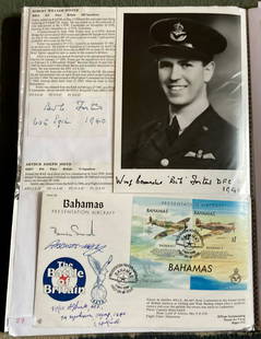 WW2 BOB fighter pilots Robert Foster 605 Sqn signature and signed photo plus Spitfire FDC signed: WW2 BOB fighter pilots Robert Foster 605 Sqn signature and signed photo plus Spitfire FDC signed by Arthur Smith 74 Sqn fixed with biographies to A4 page. WW2 RAF Battle of Britain pilot. All autograp