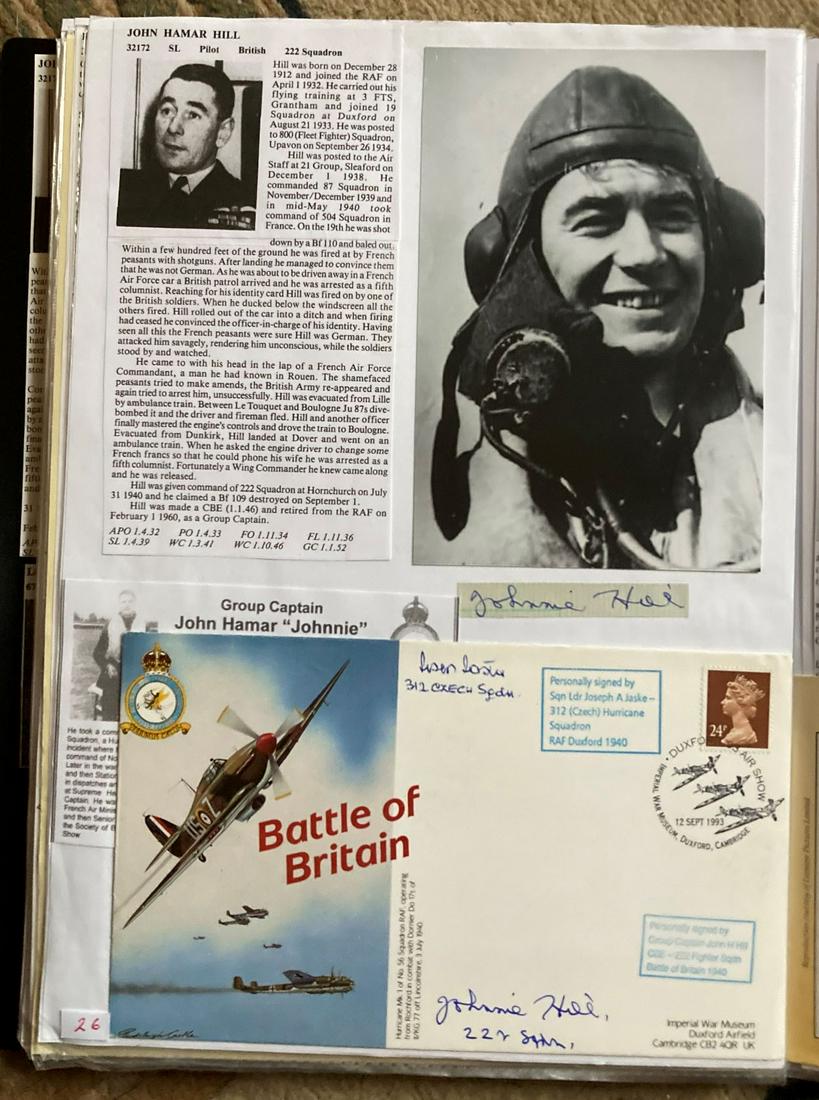 WW2 BOB fighter pilots Johnnie Hill 222 sqn and Joseph Jaske 312 sqn signed BOB cover fixed with: WW2 BOB fighter pilots Johnnie Hill 222 sqn and Joseph Jaske 312 sqn signed BOB cover fixed with biographies to A4 page. WW2 RAF Battle of Britain pilot. All autographs come with a Certificate of Auth