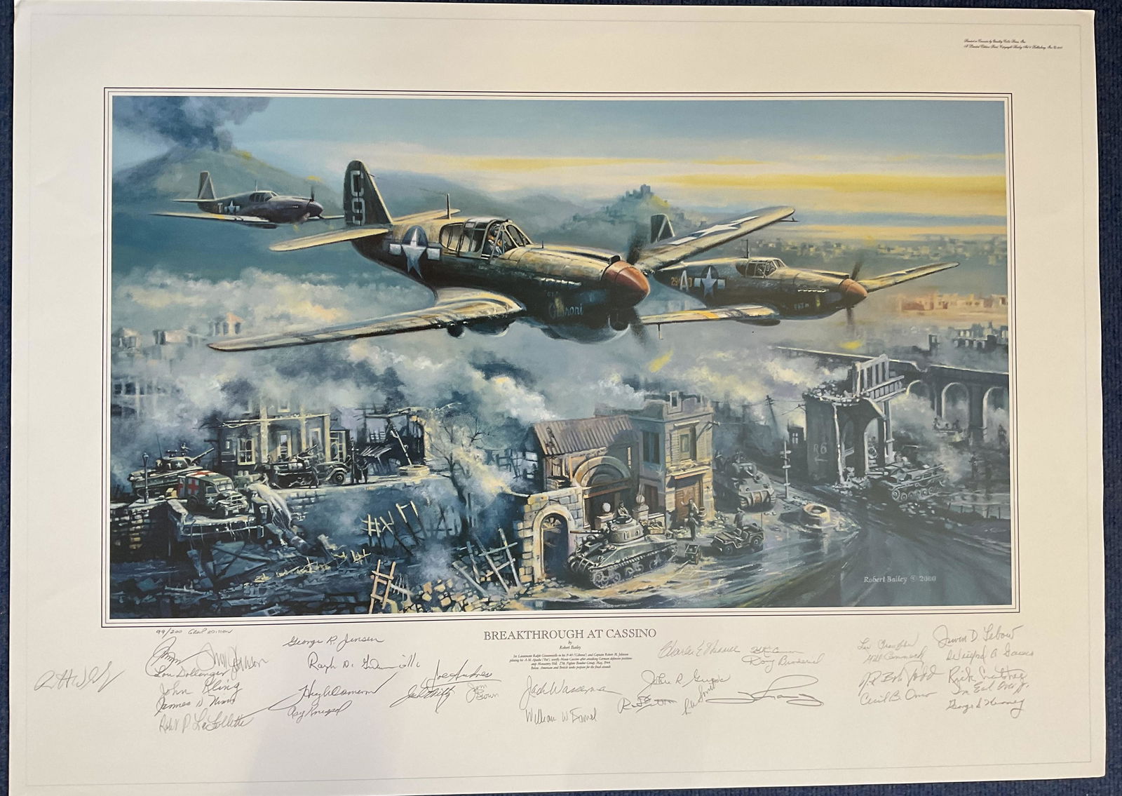 32 Signed Robert Bailey Colour Print Titled Breakthrough at Cassino 99/200 Group Edition Print.: 32 Signed Robert Bailey Colour Print Titled Breakthrough at Cassino 99/200 Group Edition Print. Signatures include Captain Robert Johnson, Captain Robert Johnson, 2nd Lt. Charles Waddell, 2nd Lt. Q.S.