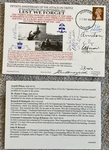 WW2 Navy 50th ann Tirpitz attack multiple X craft signed cover. Rare cover signed Tirpitz X craft: WW2 Navy 50th ann Tirpitz attack multiple X craft signed cover. Rare cover signed Tirpitz X craft Submarine veteran by Admiral Godfrey Place VC, Robert Aitken DSO X7, John Lorimer DSC X3, X6, Richard