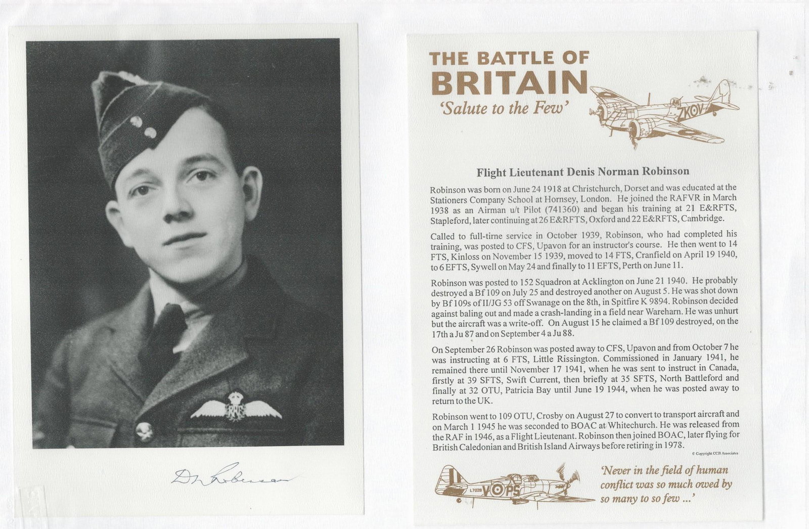 WW2 BOB fighter pilot Denis Robinson 6 ETF sqn signed 6 x 4 inch b/w photo in RAF uniform fixed with (1 of 1)