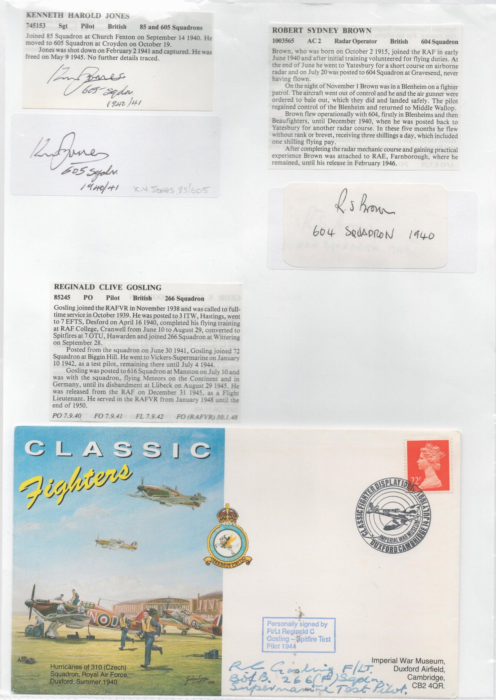 WW2 BOB fighter pilots Kenneth Jones 85 sqn, Robert Brown 604 sqn signature pieces plus Classic: WW2 BOB fighter pilots Kenneth Jones 85 sqn, Robert Brown 604 sqn signature pieces plus Classic Fighters cover signed by Reginald Gosling 266 sqn fixed with biographies to A4 page. WW2 RAF Battle of B