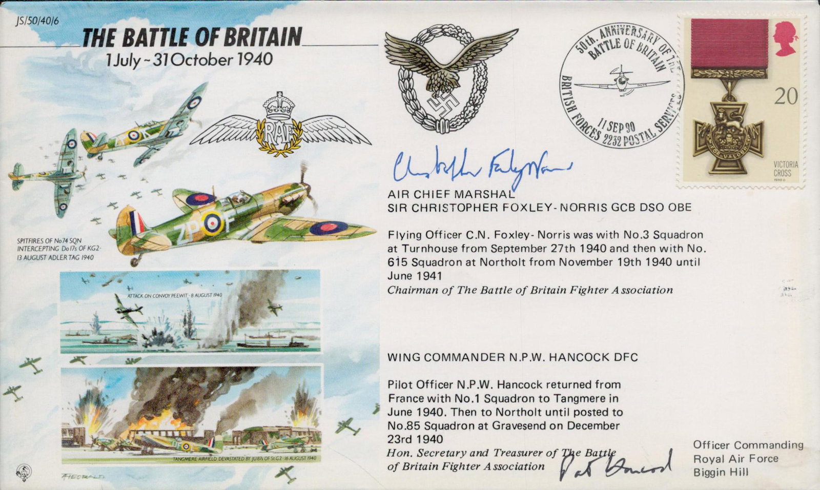 WW2 Battle of Britain 50th ann cover signed Acm Foxley Norris DSO and Wg Cdr Pat Hancock DFC. JS (1 of 1)
