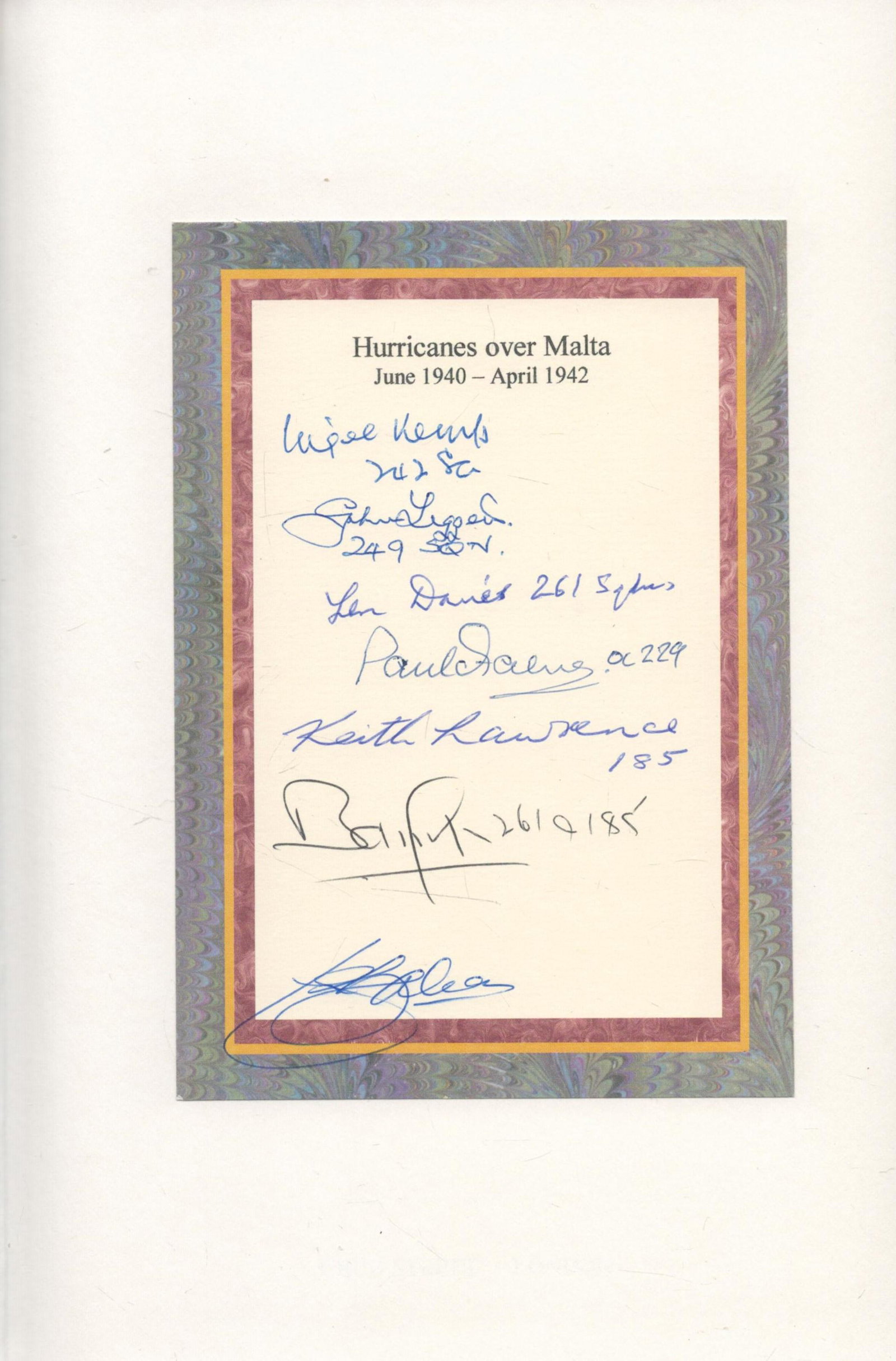 Multi Signed Book Hurricanes over Malta June 1940 April 1942 by Brian Cull and Frederick Galea (1 of 3)