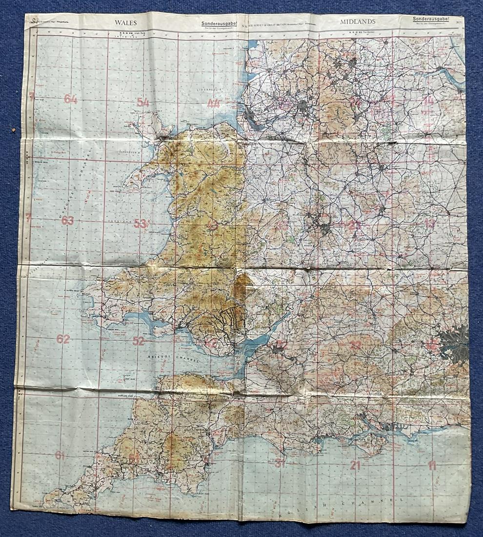 World War II German Aeronautical Survey Map 36x32 Wales and Midlands area. All autographs are (1 of 1)