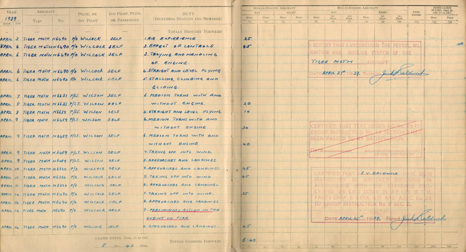 Royal Air Force Pilot's Original Flying Log Book J V Baldwick from 1939 Hardback Book with (1 of 1)