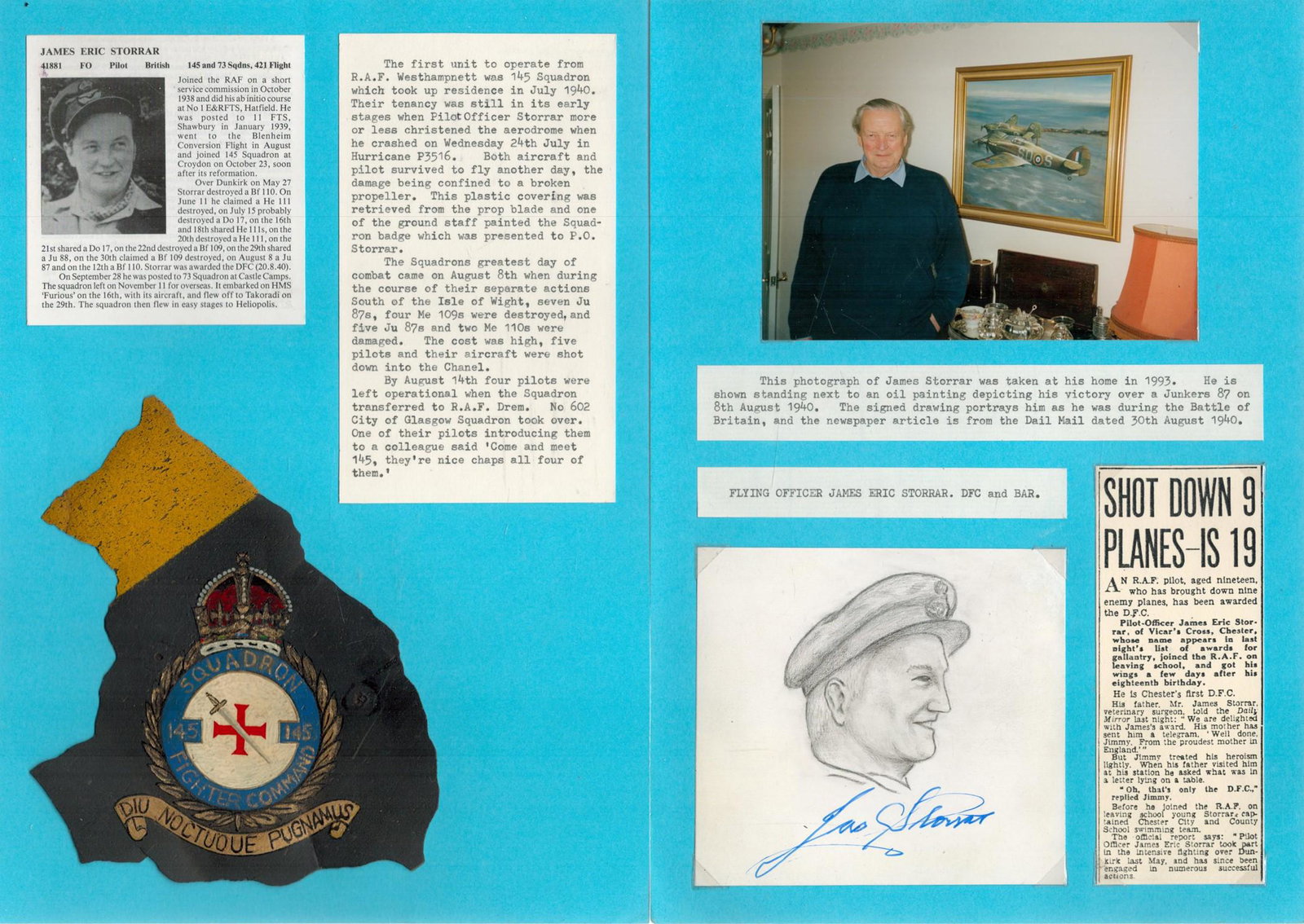 WW2. Flying Officer James E Storrar DFC and Bar Signed on an Original Pencil Drawing of Himself as (1 of 1)