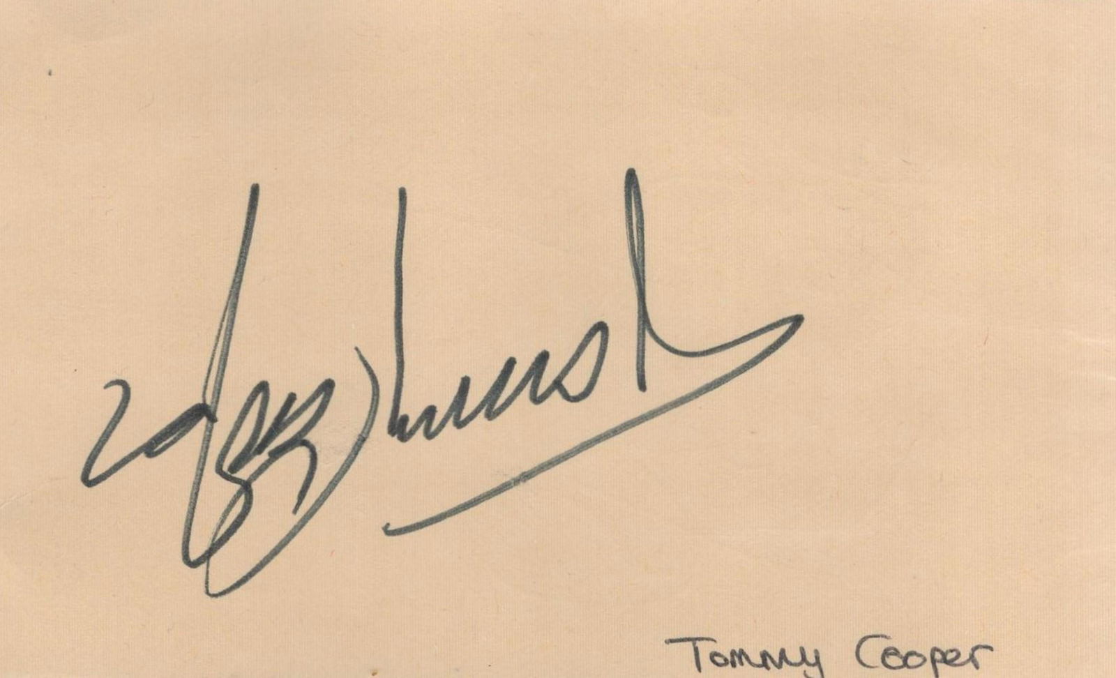 Tommy Cooper signed 5x3 album page. Thomas Frederick Cooper (19 March 1921 - 15 April 1984) was a: Tommy Cooper signed 5x3 album page. Thomas Frederick Cooper (19 March 1921 - 15 April 1984) was a Welsh prop comedian and magician. As an entertainer, his appearance was large and lumbering at 6 feet