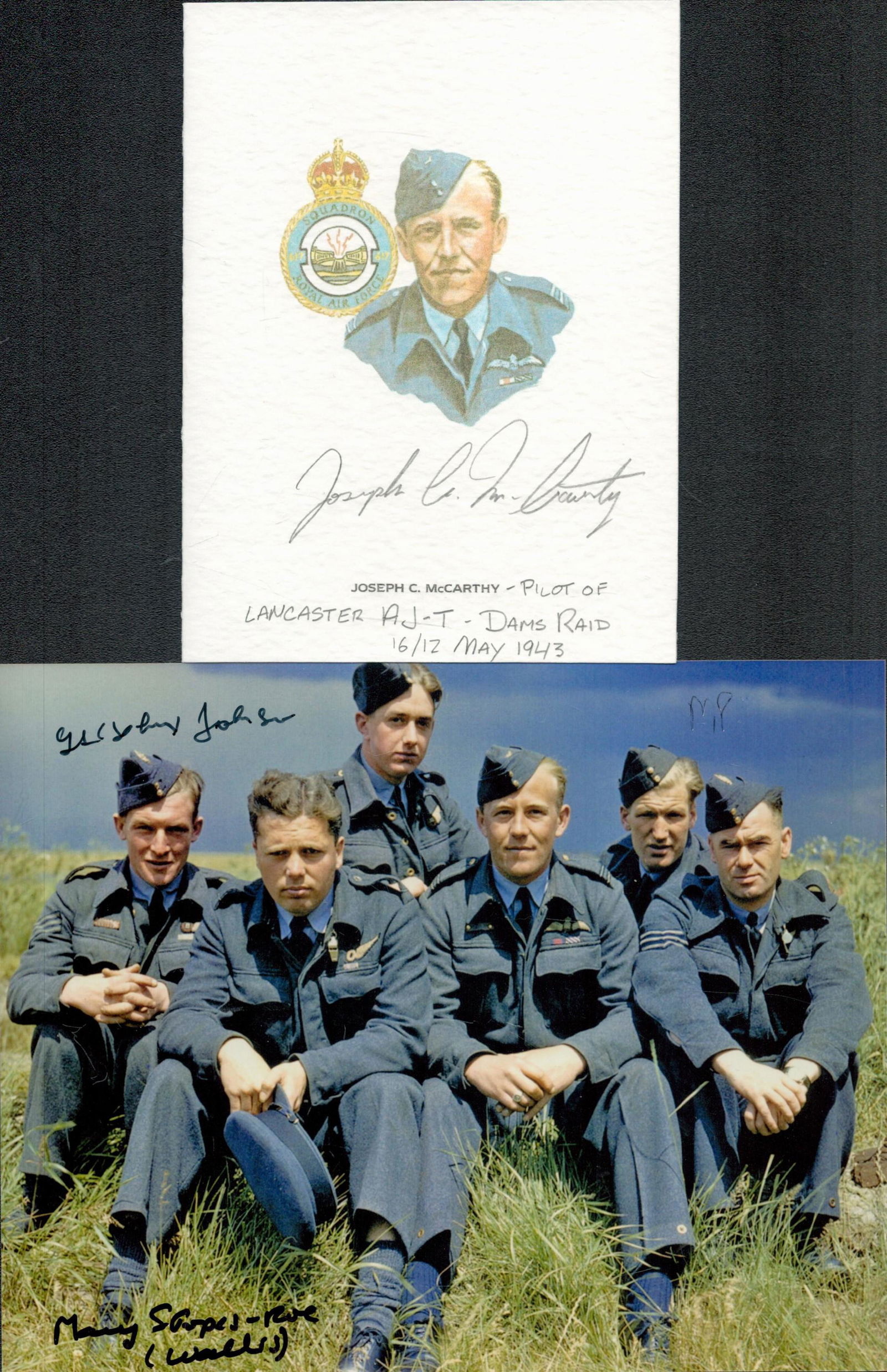 Dambusters Pilot Joe C McCarthy signed illustrated 6x4 card and George (Johnny)Johnson signed 7x5 (1 of 1)