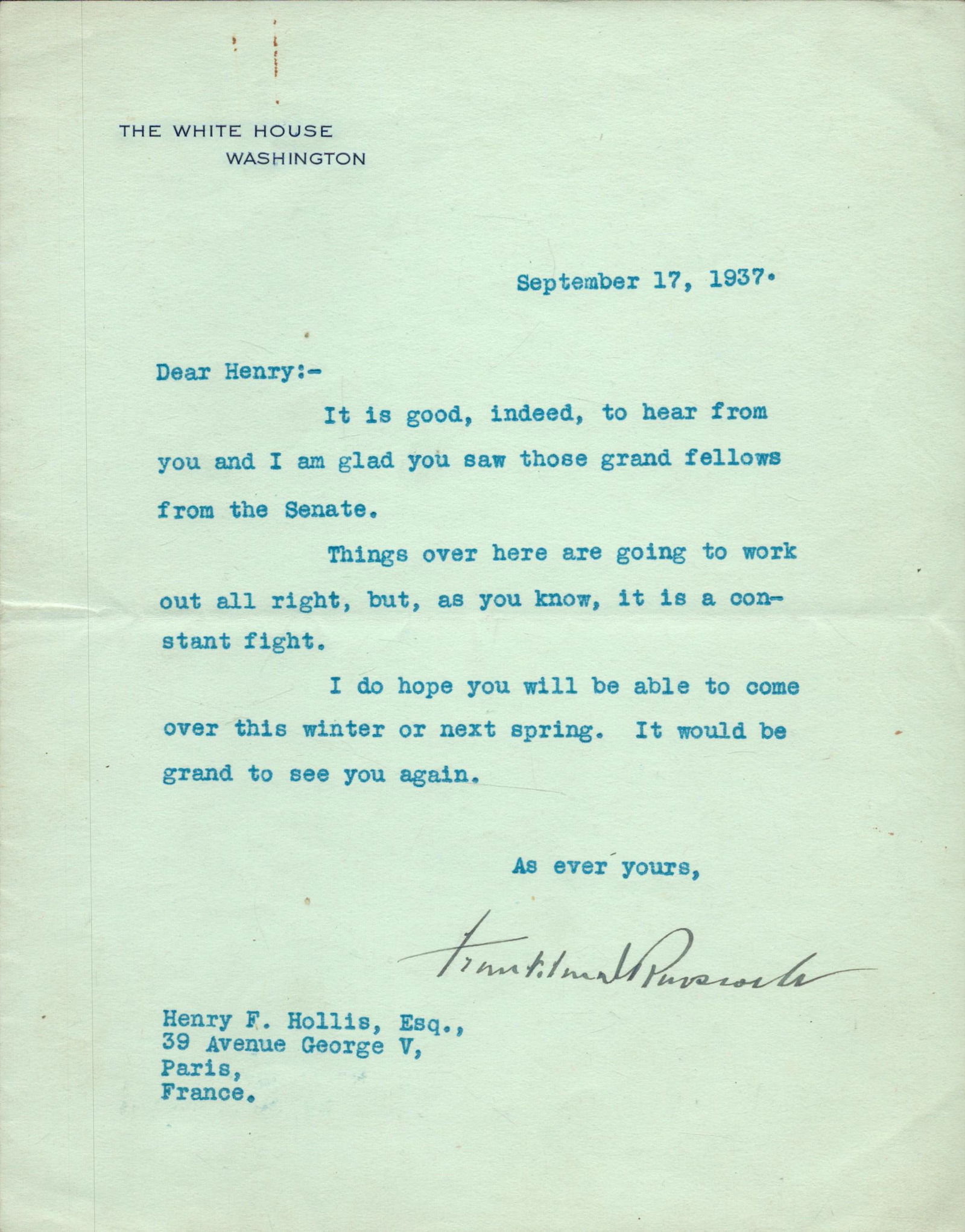 President Franklin D. Roosevelt signed TLS dated September 17,1937 on White House Headed addressed (1 of 1)