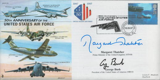 Margaret Thatcher and President George Bush signed rare 50th ann US Air Force cover. Only 60 issued,
