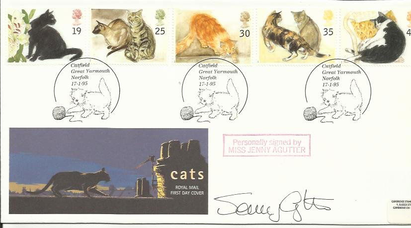 Jenny Agutter autographed first day cover: LOT191 - SIG2094 - Jenny Agutter signed 1995 Royal Mail Cats FDC with Great Yarmouth postmark. Cat £5/8 unsigned. Numbered 3 of 12 overleaf. Good Condition