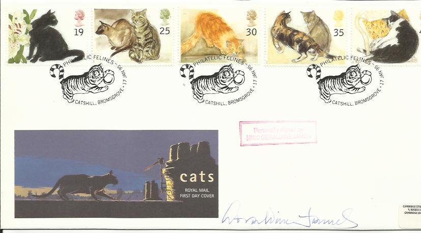 Geraldine James autographed first day cover: LOT193 - SIG2096 - Geraldine James signed 1995 Royal Mail Cats FDC with Bromsgrove postmark. Cat £5/8 unsigned. Numbered 3 of 12 overleaf. Good Condition