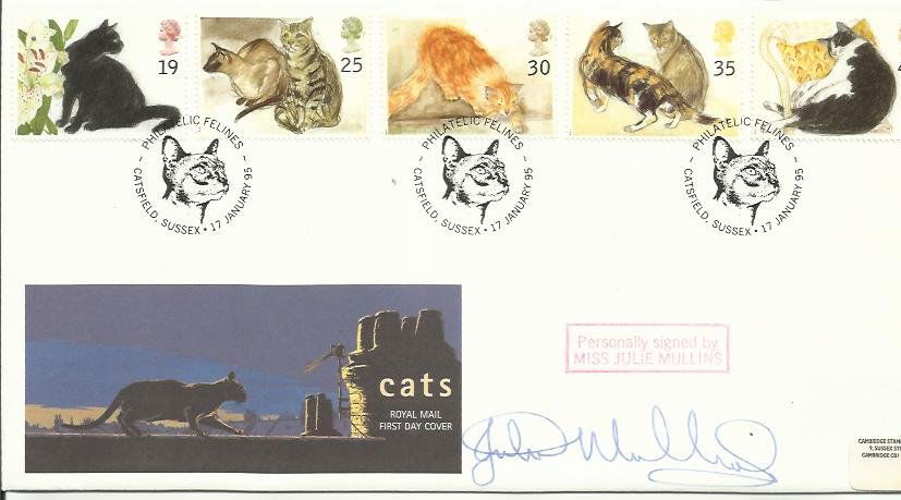 Julie Mullins autographed first day cover: LOT195 - SIG2099 - Julie Mullins signed 1995 Royal Mail Cats FDC with Catsfield Sussex postmark. Cat £5/8 unsigned. Numbered 3 of 12 overleaf. Good Condition