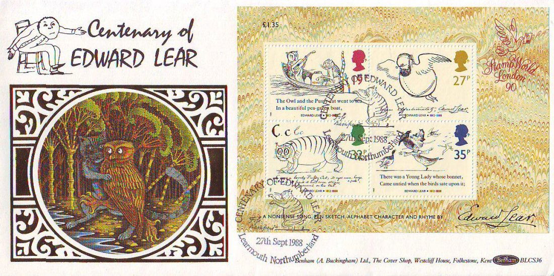 1988 Edward Lear first day cover: LOT585 - IH125 - 27/9/1988 Edward Lear Miniature Sheet Benham Official BLCS36 illustrated FDC with Centenary of Edward Lear postmark. Good condition Cat £20.