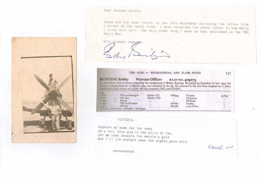 Warrant Officer Bobby Bunting DFC RAAF DFC (US) ace: Warrant Officer Bobby Bunting DFC RAAF DFC (US) ace with 5 confirmed victories. Typed signed note. The photograph copied by Wt/Off Bunting was taken in France in 1944. Wt/Off Bunting sits on top of hi