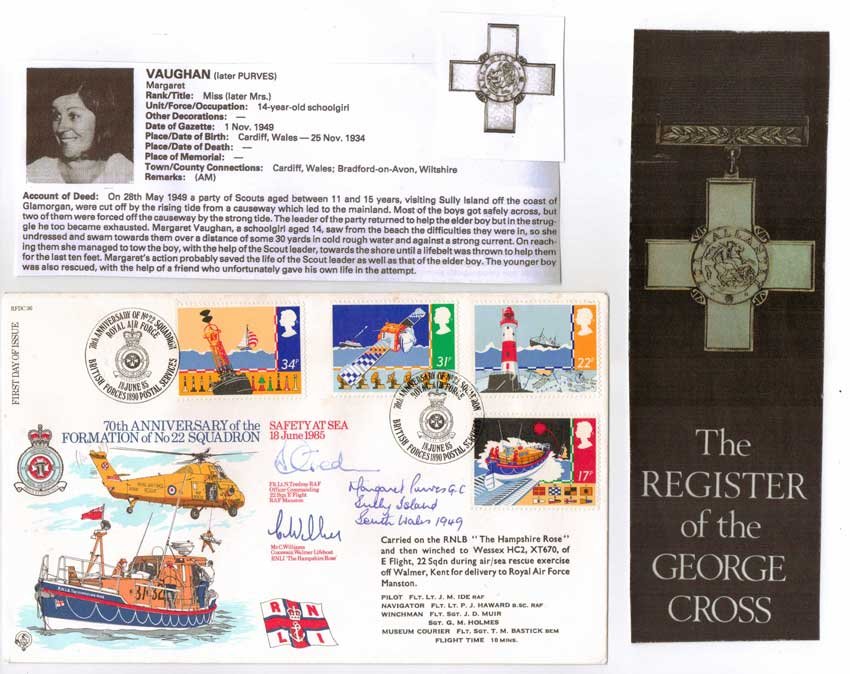 Mrs Margaret Purves GC signed FDC commemorating 70th: Mrs Margaret Purves GC signed FDC commemorating 70th Anniversary of the Formation of 22 Squadron (Air Sea Rescue). Good condition Est. £15 - 20 -