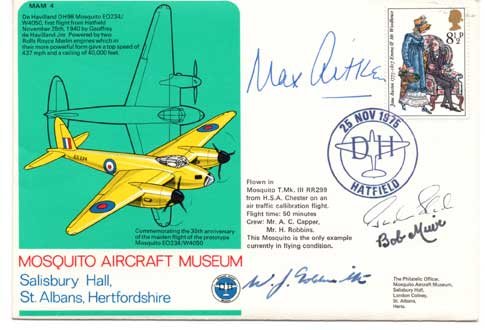 Grp Capt Sir Max Aiken Bart DSO DFC Signed Mosquito: Grp Capt Sir Max Aiken Bart DSO DFC Signed Mosquito Museum cover. Four autographs 1. commanded 4 Mosquito Sqns of the Banff Wing of Coastal Command. His father was Lord Beaverbrook who was Minister of