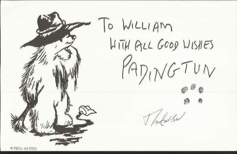 Michael Bond Paddington Bear creator signed 8 x 6 b/w: Michael Bond Paddington Bear creator signed 8 x 6 b/w Paddington Bear illustrated card. PLUS a signed post-it note. Good condition