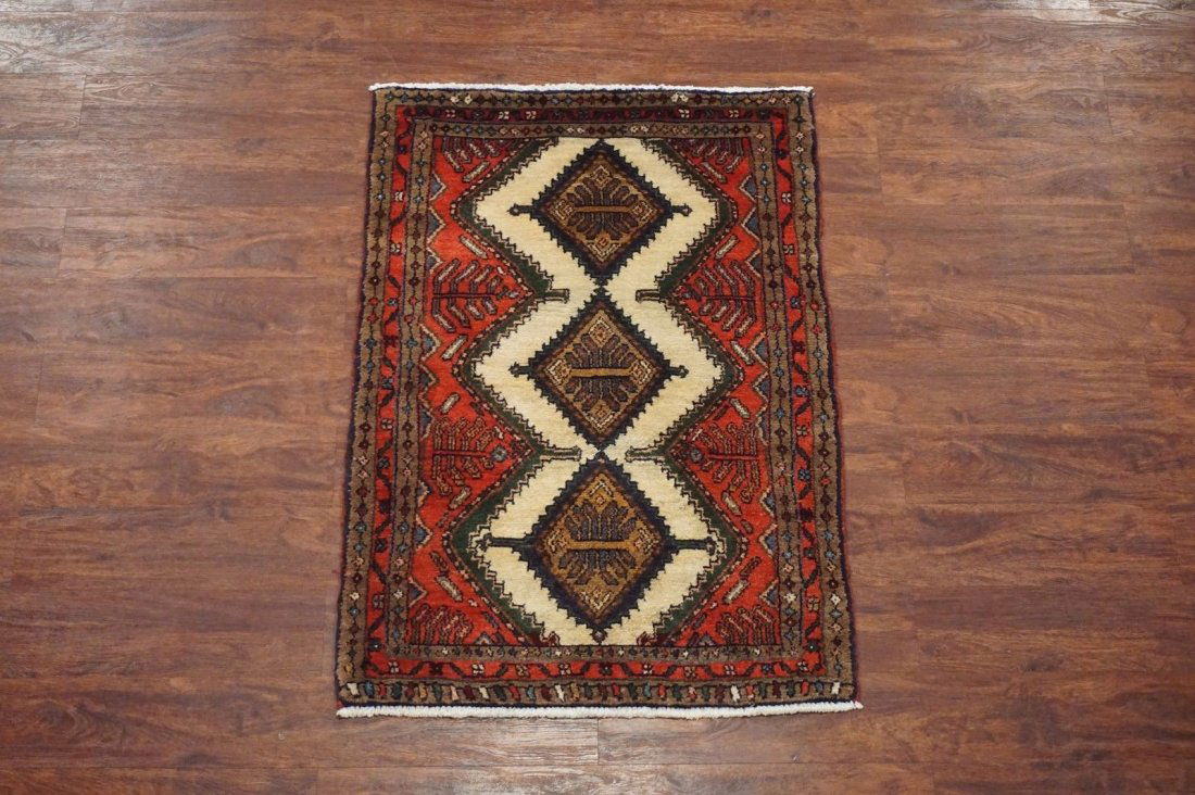 3X4 Persian Antique Sarab Karajeh Hand-Knotted Area Rug: Size: 2.7 x 4 Age: 1940's Condition: Excellent Field Color: Ivory Border Color: Red Accent Color: Brown, Ivory, Burgundy, Green, Gold Technique: Hand-Knotted Pile: Wool Foundation: Cotton <