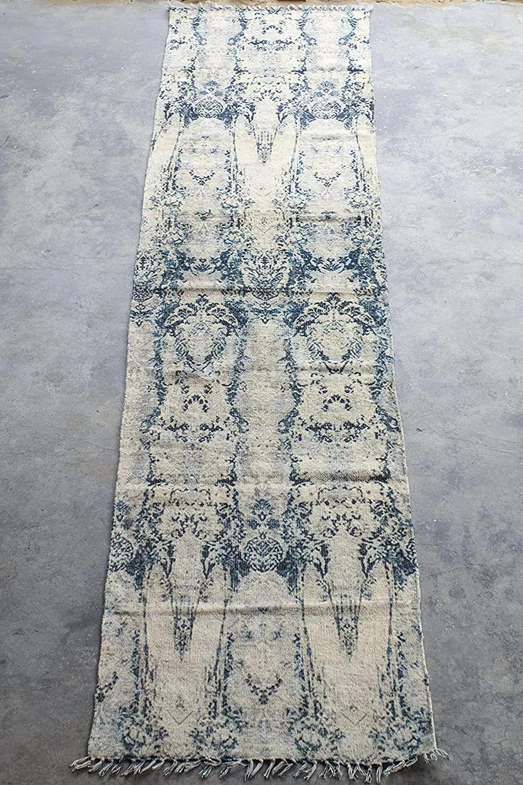 2X10 Handmade Printed Distressed Design Cotton Runner: Approximate Size: 2'5" x 10' Origin: India Age: New Field Color: Ivory Accent Color: Midnight-Blue, Light-Blue, Dark-Teal Technique: Handmade / Printed Pile: Cotton Foundation: Cotton Note: Photos are