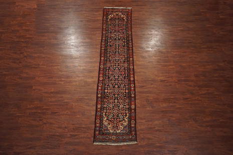 3X13 Persian Malayer Herati Runner, circa 1940: 2' 8" x 13' 6" Hand-knotted wool pile on a cotton foundation. Origin: Iran Condition: Excellent Field Color: Midnight-Blue Border Color: Red Accent Color: Light-Brown, Ivory, Royal-Blue, Burgundy, Gre