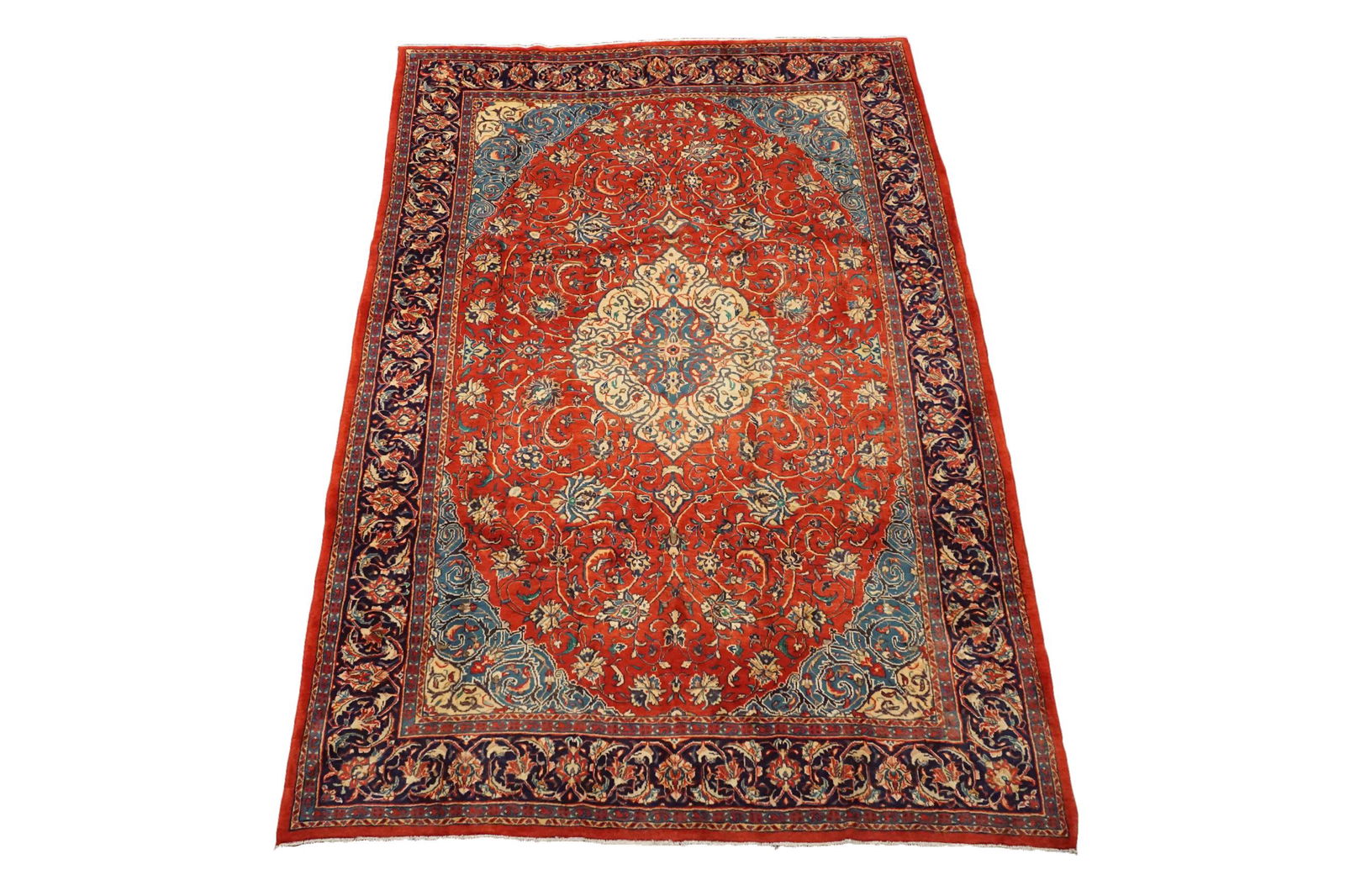 Antique 7X11 Persian Sarouq Rug Hand-Knotted Abrash: Size: 7.5 x 11.4 Country of Origin: Iran Age: 1940's Condition: Excellent Field Color: Pale-Red Border Color: Midnight-Blue Accent Color: Light-Blue, Green, Pink, Khaki Technique: Hand-Knotted Pile: W