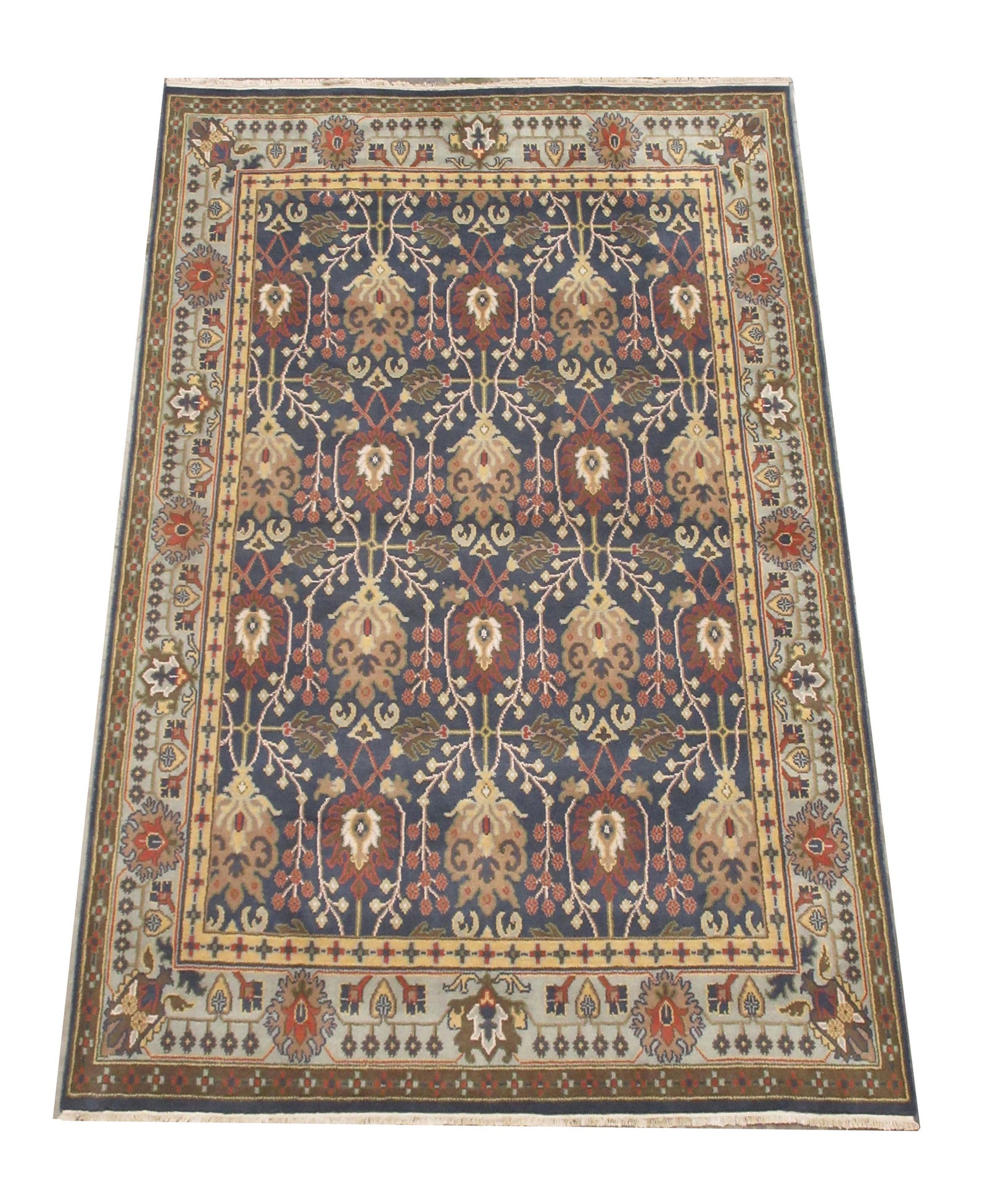 9X12 Art & Craft Area Rug: Size: 9' x 12' Country of Origin: India Age: New Condition:Excellent Field Color: Slate-Blue Border Color: Light-Blue Accent Color: Brown, Yellow, Orange-Red, Light-Green, Light-Brown Technique: Hand-