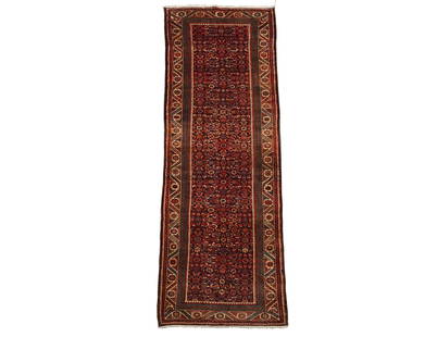 3X13 Persian Herati Malayer Runner, circa 1950: Hand-knotted wool pile on a cotton foundation. Circa 1950 Dimensions: 3'4" x 13'5" Origin: Iran Condition: Excellent Field Color: Midnight-Blue Border Color: Ivory Accent Colors: Cherry-Red, Royal-Blu