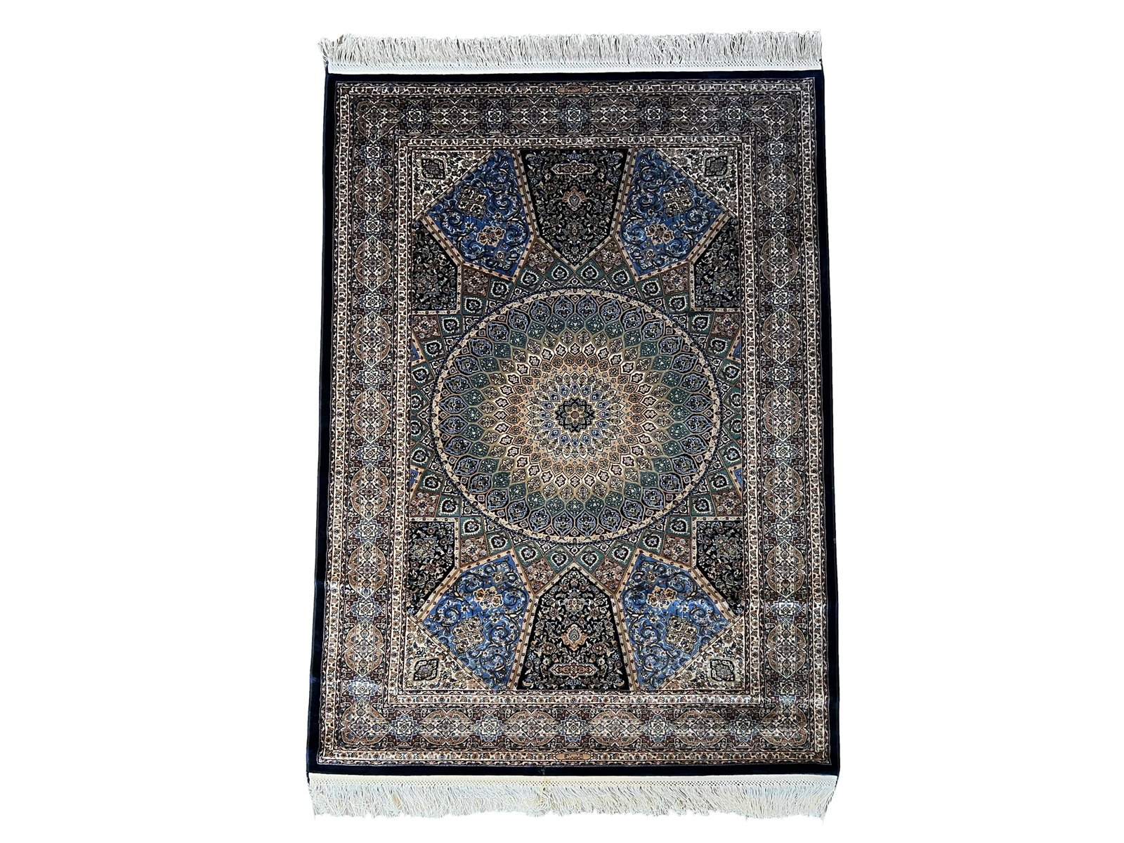 3X5 Pure Art Silk Herkeh Signed Tufter Rug: 3'2" x 5' 1000 KPSI Hand-knotted art silk pile on a art silk foundation. New Origin: Turkey Field Color: Light-Brown Border Color: Brown Accent Colors: Green, Light-Blue, Navy, Ivory Office Use: 93.06