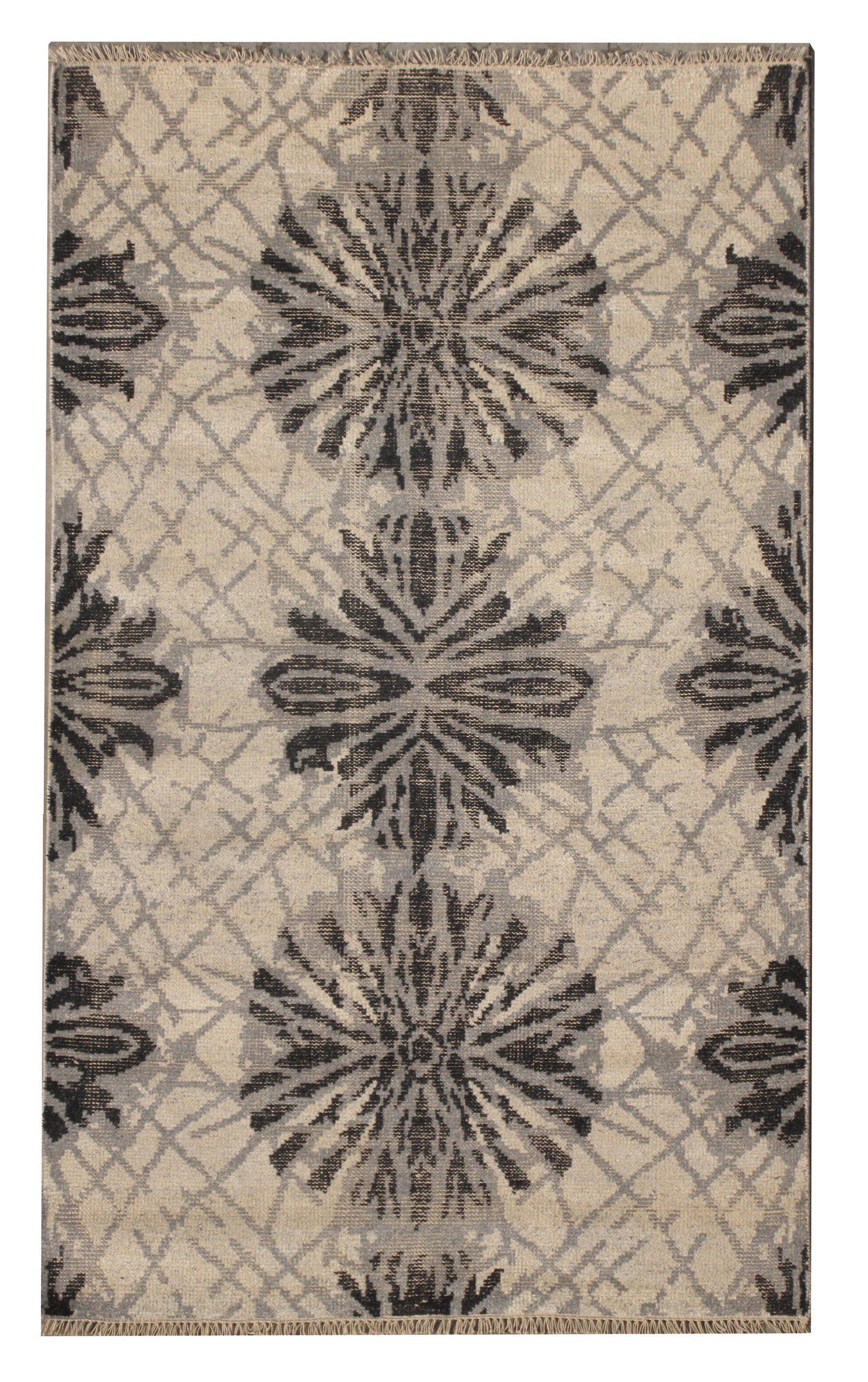 5X8 Modern Floral Area Rug Hand-Knotted Wool Zero Pile: Size: 5'5" x 7'9" Country of Origin: India Age: New Condition: Excellent Field Color: Ivory Accent Color: Gray, Charcoal Technique: Hand-Knotted Pile: Wool Foundation: Cotton Note: Photos are as accur