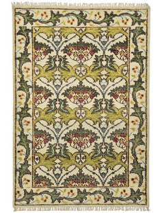 4X6 Ivory William Morris Inspired Area Rug: Hand-knotted, wool pile on a cotton foundation. 4X6 Origin: India Field Color: Ivory Border Color: Ivory Accent Colors: Light-Green, Dark-Green, Gold, Brown, Light-Blue SKU: 98.01-03.29.23-4X6-AP018