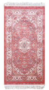 3X5 Pink Hereke Tufted Silk Area Rug: Tufted art silk pile on a art silk foundation. (1000 KPSI) New Dimensions: 2'7" x 4'11" Origin: Turkey Field Color: Pink Border Color: Ivory Accent Colors: Blue, Tan SKU: 99.05-05.10.23-3X5-7-AP092