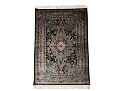 4X6 Signed Pure Art Silk Hereke Rug (1000 KPSI): Tufted art silk pile on a art silk foundation. 1000 KPSI Dimensions: 3'10" x 6' Origin: Turkey Field Color: Navy Border Color: Gray Accent Colors: Rust, Ivory, Brown SKU: 93.10-11.11.22-4X6-12-AN079-E