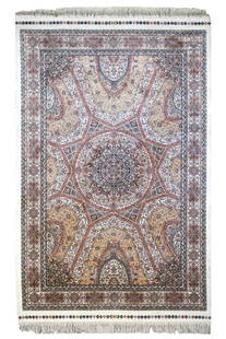 4X6 Hereke Tufted Pure Silk Area Rug: Tufted art silk pile on a art silk foundation. (1000 KPSI) New Dimensions: 3'8"x 5'9" Origin: Turkey Field Color: Ivory Border Color: Ivory Accent Colors: Gold, Brown, Red, Charcoal, Blue SKU: 99.09-0