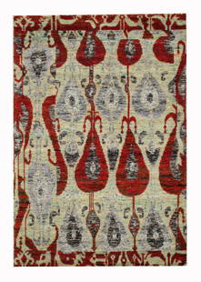 6X8 Modern Hand-Knotted Silk Area Rug: Hand-knotted silk pile on a cotton foundation. Origin: India Field Color: Multicolored Accent Color: Red, Charcoal, Gray, Ivory, Aqua, Teal SKU: 80.55-03.24.21-6X8-38-AK096-EAM