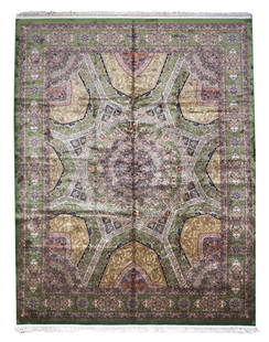 8X10 Green Hereke Tufted Pure Silk Area Rug, 1000 KPSI: Tufted art silk pile on a art silk foundation. (1000 KPSI) Dimensions: 7'10" x 9'10" Origin: Turkey Field Color: Emerald-Green Border Color: Emerald-Green Accent Colors: Blue, Olive, Light-Brown, Ivor