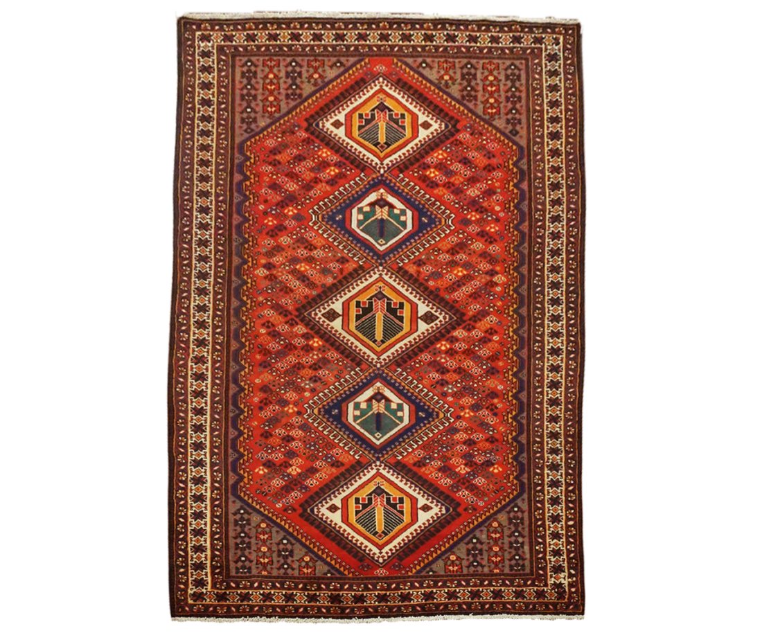 6X10 Tribal Persian Ghashghaei Rug, circa 1940: Hand-knotted wool pile on a cotton foundation. Circa 1940 Dimensions: 5'7" x 10' Origin: Iran Condition: Excellent Field Color: Orange-Rust Border Color: Ivory Accent Colors: Gray, Navy-Blue, Ivory, K