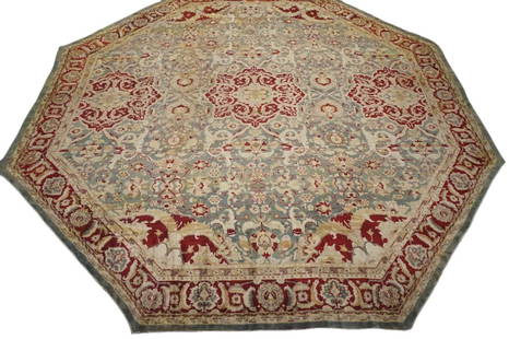 21X21 Antique Octagon Shaped Agra Rug, circa 1880: Hand-knotted wool pile on a cotton foundation. Circa 1880 Dimensions: 21'2" x 21'3" Origin: India Condition: Excellent Field Color: Green Border Color: Burgundy Accent Colors: Ivory, Green, Olive-Gree